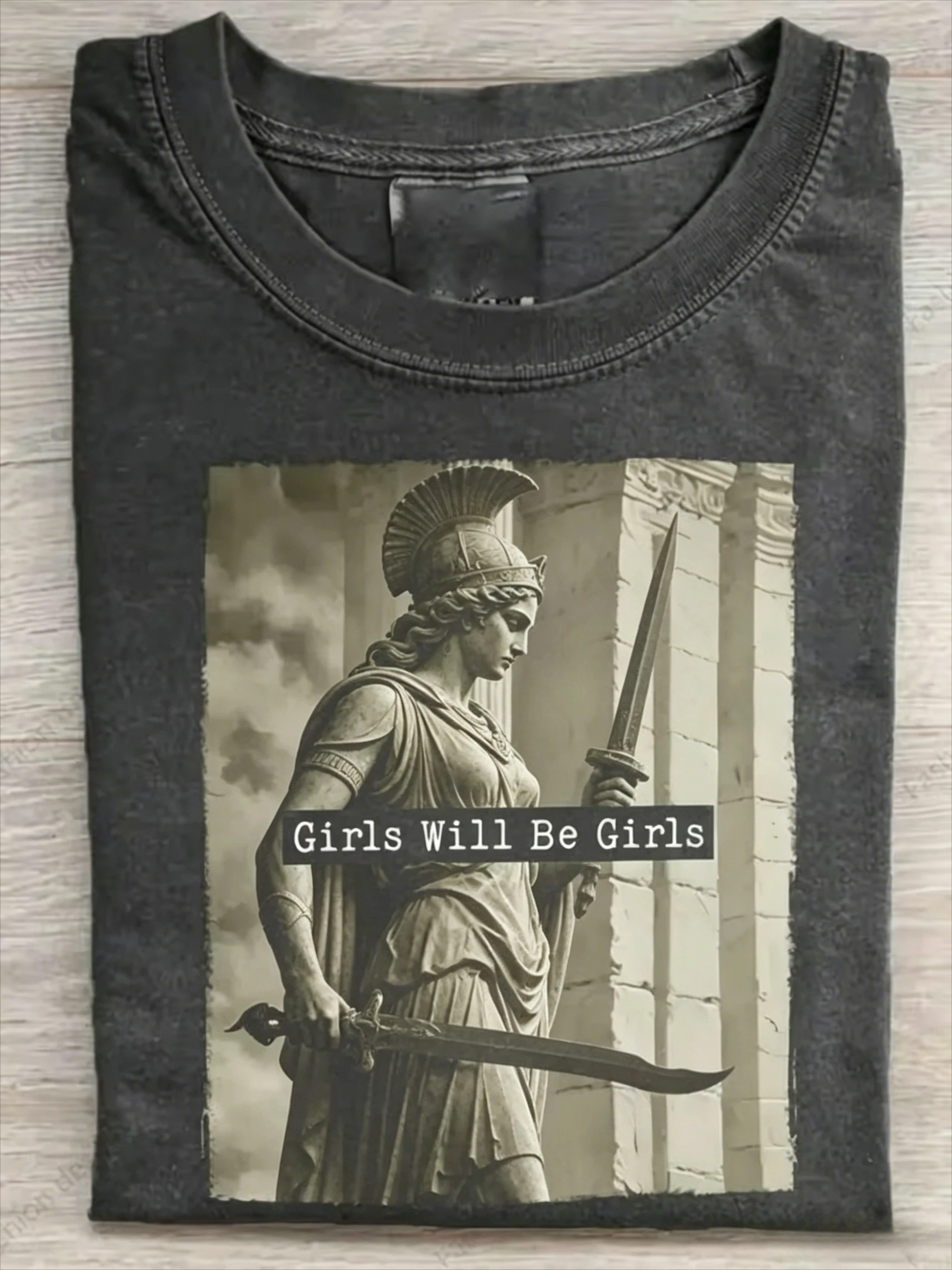 Medusa Girls Will Be Girls Graphic T-Shirt, Women's Vintage Washed Goddess Crew Neck Casual Short Sleeve Daily Street Style Top