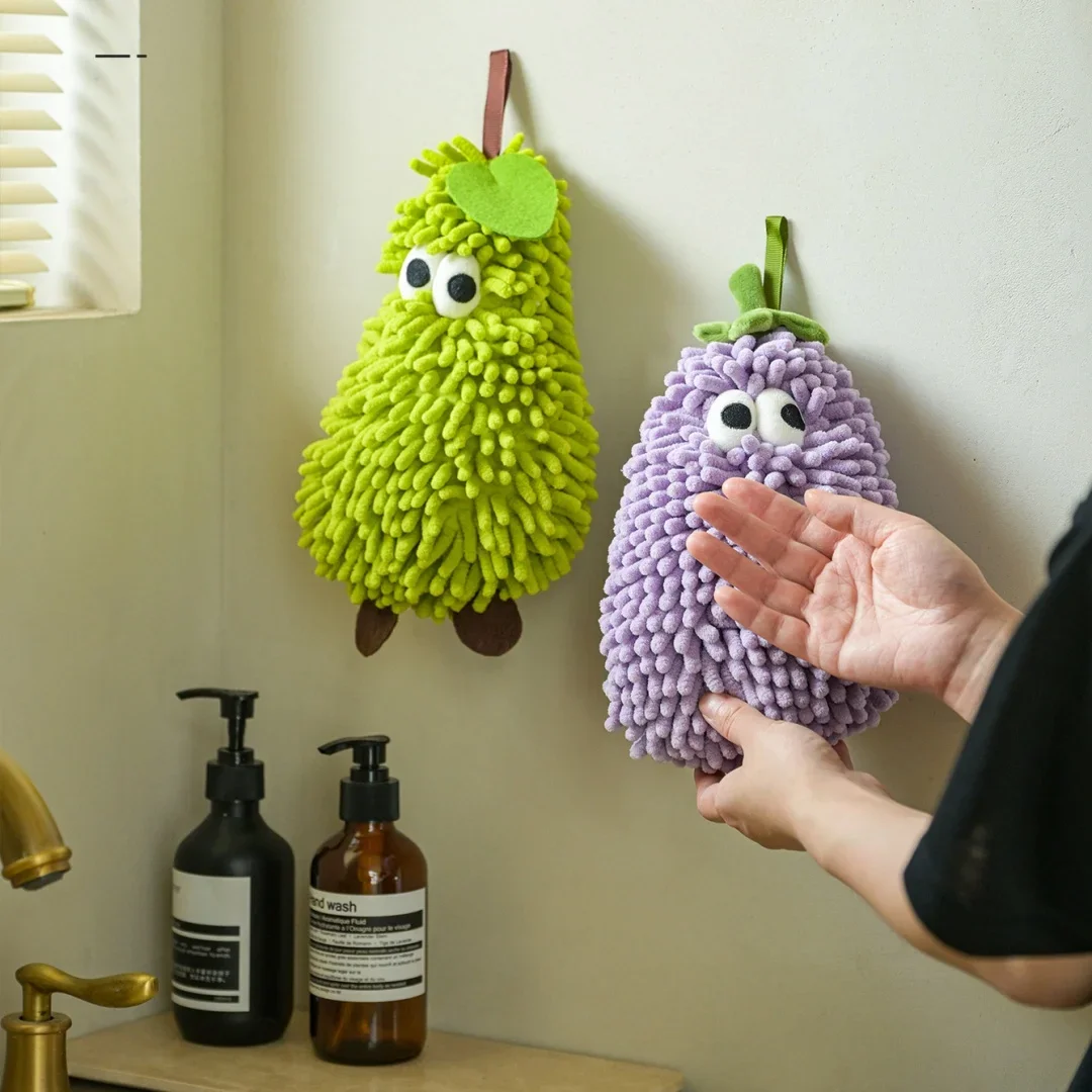 Cartoon Cute and Fun Hand Towel Hanging Style, Suitable for Kitchen and Bathroom Use, Soft and Skin Friendly, Purple and Green