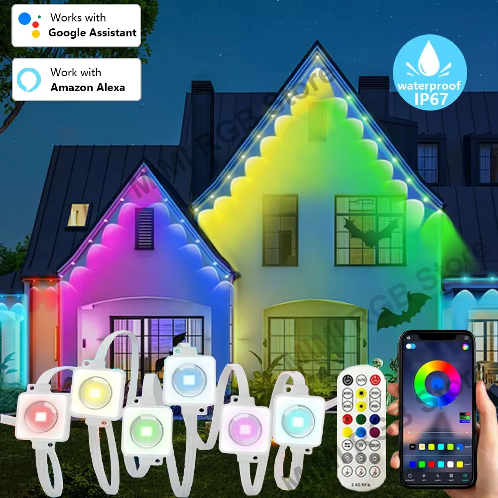 RGB Eaves Lights Bluetooth Permanent Outdoor Lighting Lights Music Sync Timer IP67 Waterproof String Party Home Halloween Decor