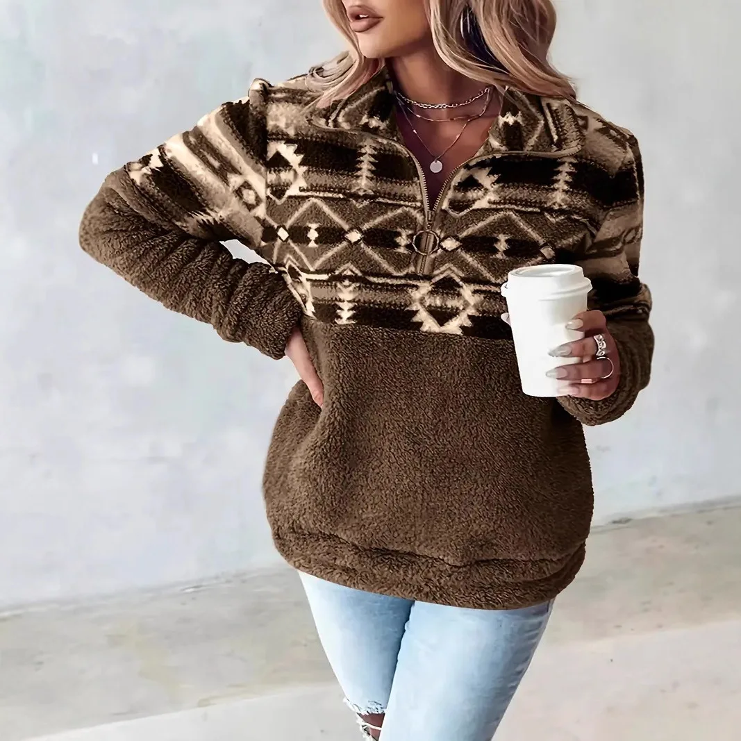 

25 Women's Autumn and Winter Geometric Pattern Long-sleeved Zipper Wool Sweater Casual Jacket