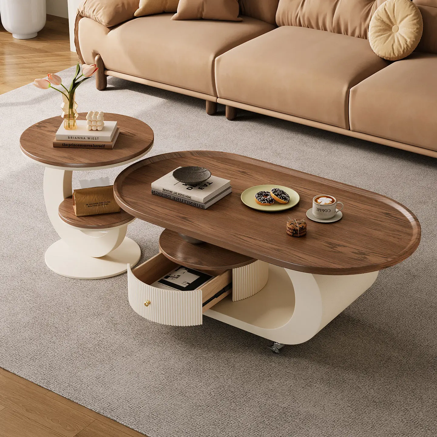 Customized  oval coffee table living room household small apartment medium and ancient style tea table combination modern