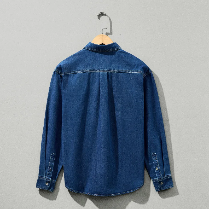 Spring Fall Retro Mens Jean Shirts Korean Style Mens Long Sleeve Denim Shirt Lapel Double Pocket Button Cowboy Top Casual Jacket