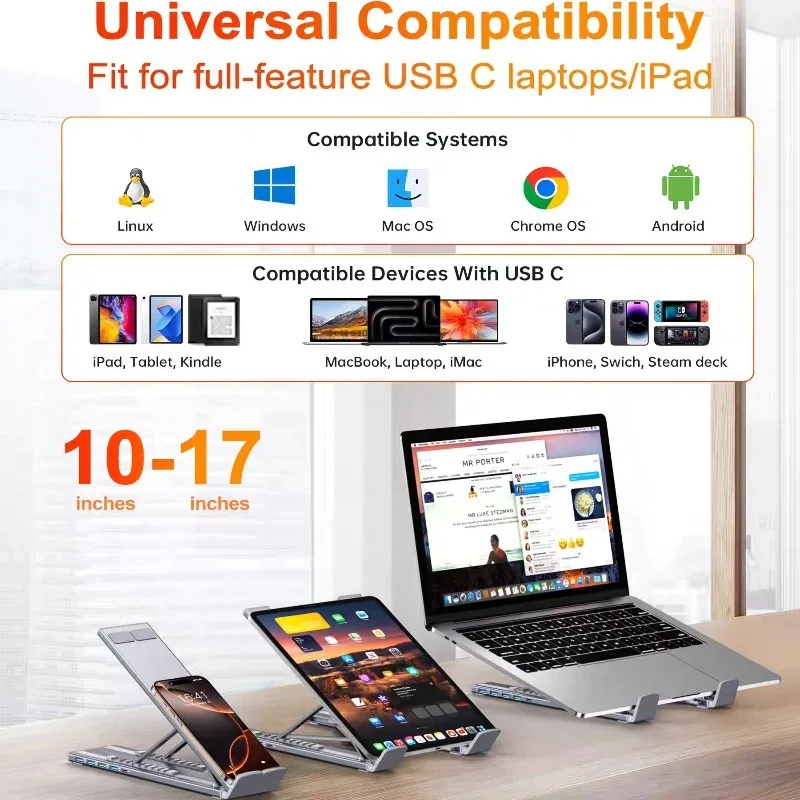

Многофункциональная подставка для ноутбука 8-в-1 с док-станцией, складная, с регулировкой высоты, из алюминиевого сплава, с USB-C, для планшетов, адаптер-концентратор Type-C