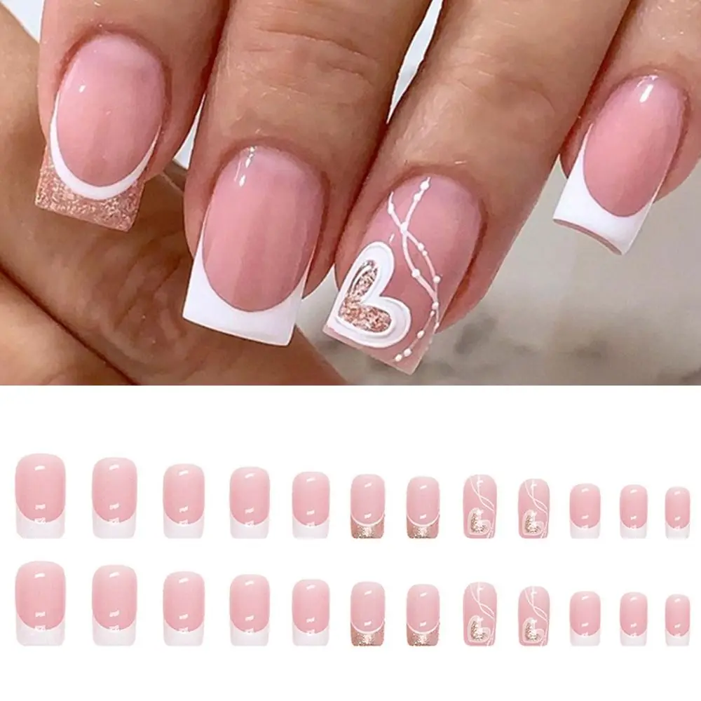 

24pcs Manicure Fake Nials DIY False Nails Short Square French White Edge Simple Black Triangle