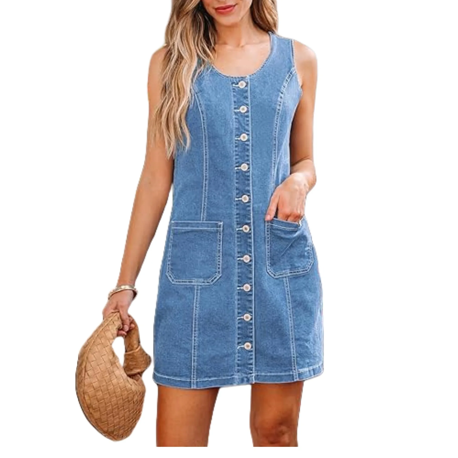 New Spring/Summer 2025 Fashionable Solid-color Casual Sleeveless, Waist-cinching Single-breasted Short Dress with Patch Pockets