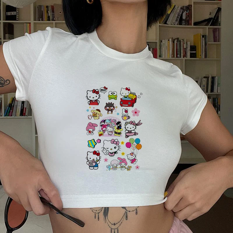 Sanrio Hello Kitty Frau T-Shirts Crop Top Frauen 90er Jahre Kleidung Vintage weibliche Kleidung Y2k 2000er Jahre Tops Sommer Print T-Shirt Kawaii