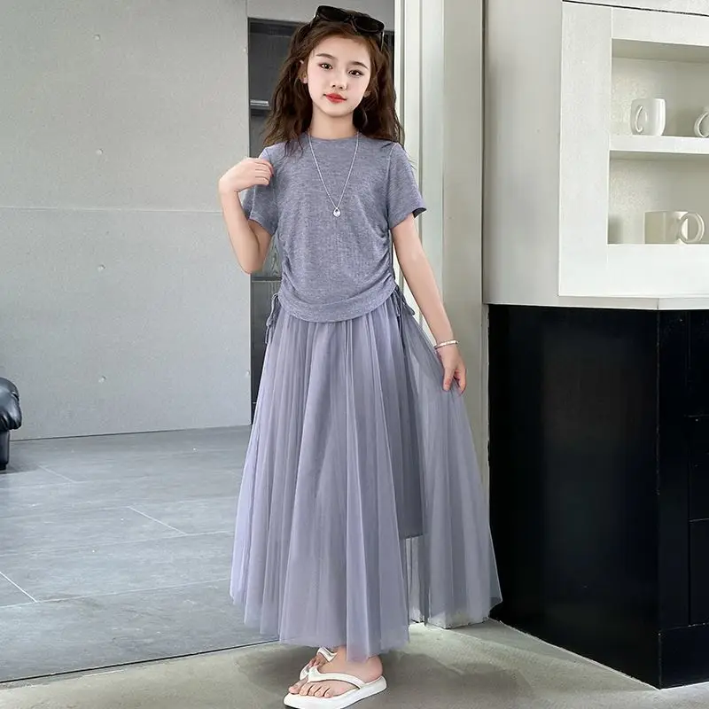 

Children Clothing Suit Teen Girl Short Sleeve Outfits Girls Clothes Summer Kids Cinched Waist T-shirt + Mesh Long Skirt 2pcs Set
