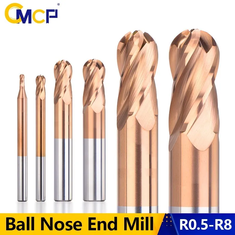 

CMCP Ball Nose End Mill 4 Flute Carbide Milling Cutter HRC 50 TiCN Coated CNC Router Bit Spiral Milling Tools R0.5-R8