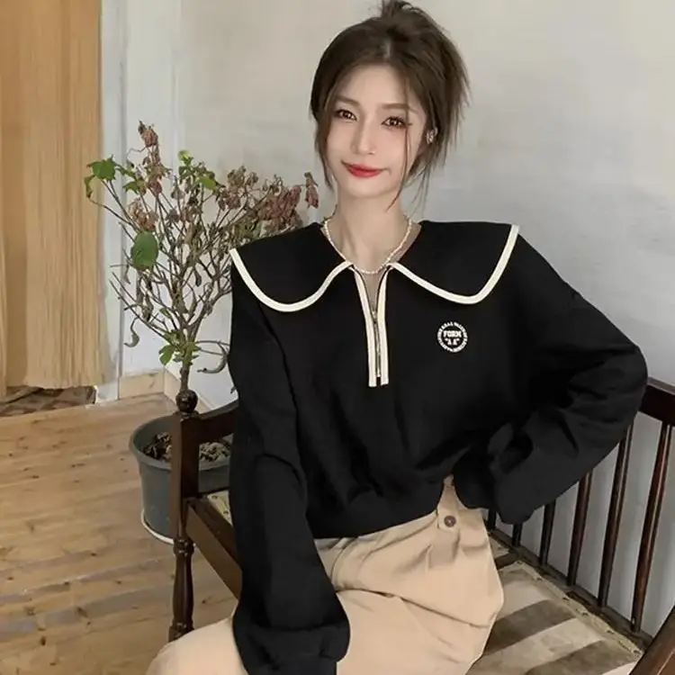 Doll Collar Spliced ​​Zipper Sweatshirt Spring Autumn New French Niche Design Loose Short Long-Sleeved Top