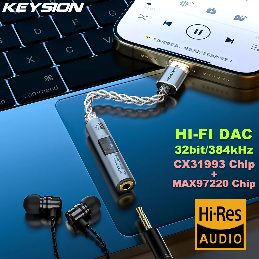 KEYSION Digital Audio Amplifier CX31993 MAX97220 Dual Chip Type-c to 3.5mm Portable AMP HiFi Audio Adapter 32bit 384KHz PCM DAC