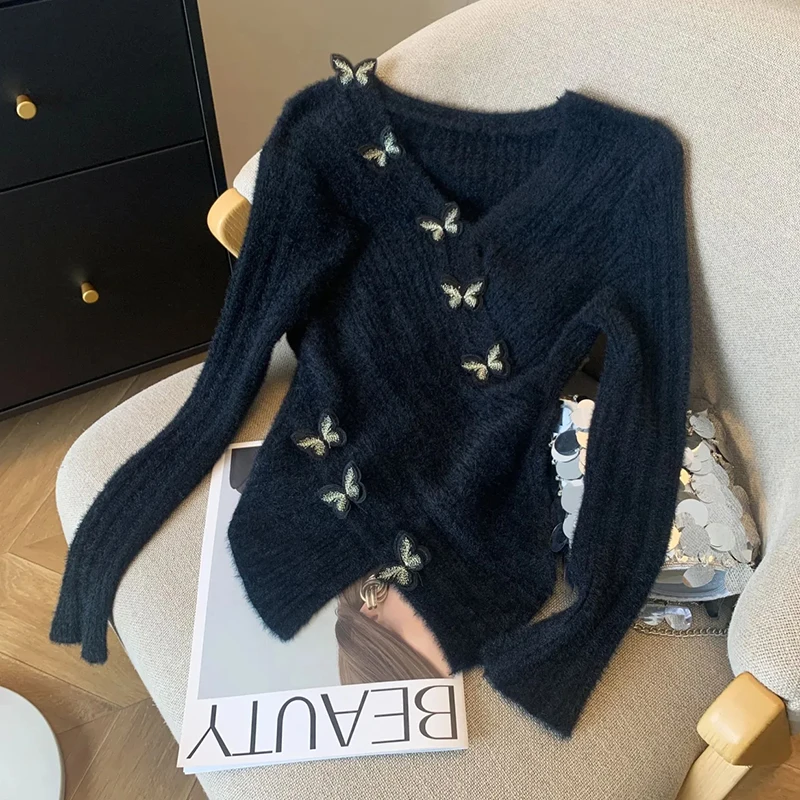 

Сексуальные тонкие свитера с v-образным вырезом, женские винтажные уличные свитера, 3D вязаный джемпер из искусственной норки и кашемира, топы с длинными рукавами во французском стиле ретро