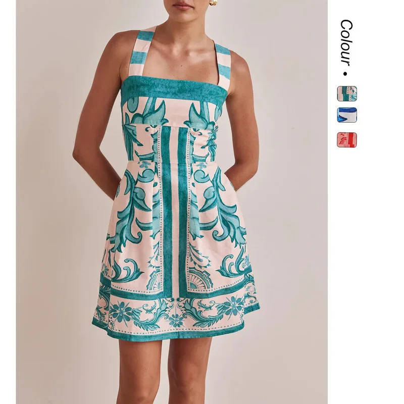 

Summer New European And American Women Sleeveless Dress Floral Print Strapless Sundress Casual Beach Dress Fashion Ladies