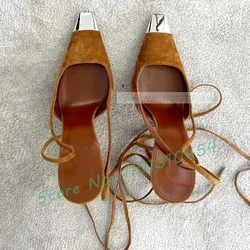 Brown Lace-up Suede Sandals Women Elegant Metal Square Toe High Heels Shoes Female Elegant Comfy Strange Heel Luxury Party Shoes