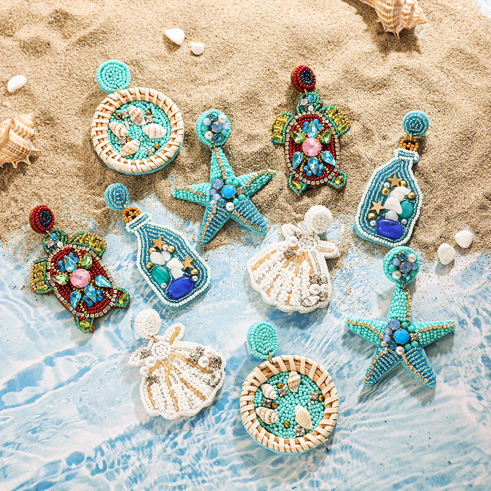 Bohemian Handmade Ocean Blue Turtle Shell Drop Dangle Earrings for Women Starfish Lobster Stone Summer Beach Piercing Earrings