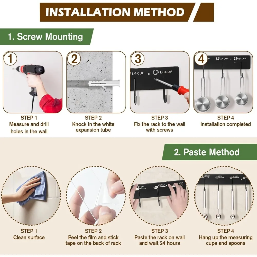 2 Pack Measuring Cups and Spoons Hanging Rack, Black Hanging Cups and Spoons Rack, Space Saving Kitchen Utensil Holder
