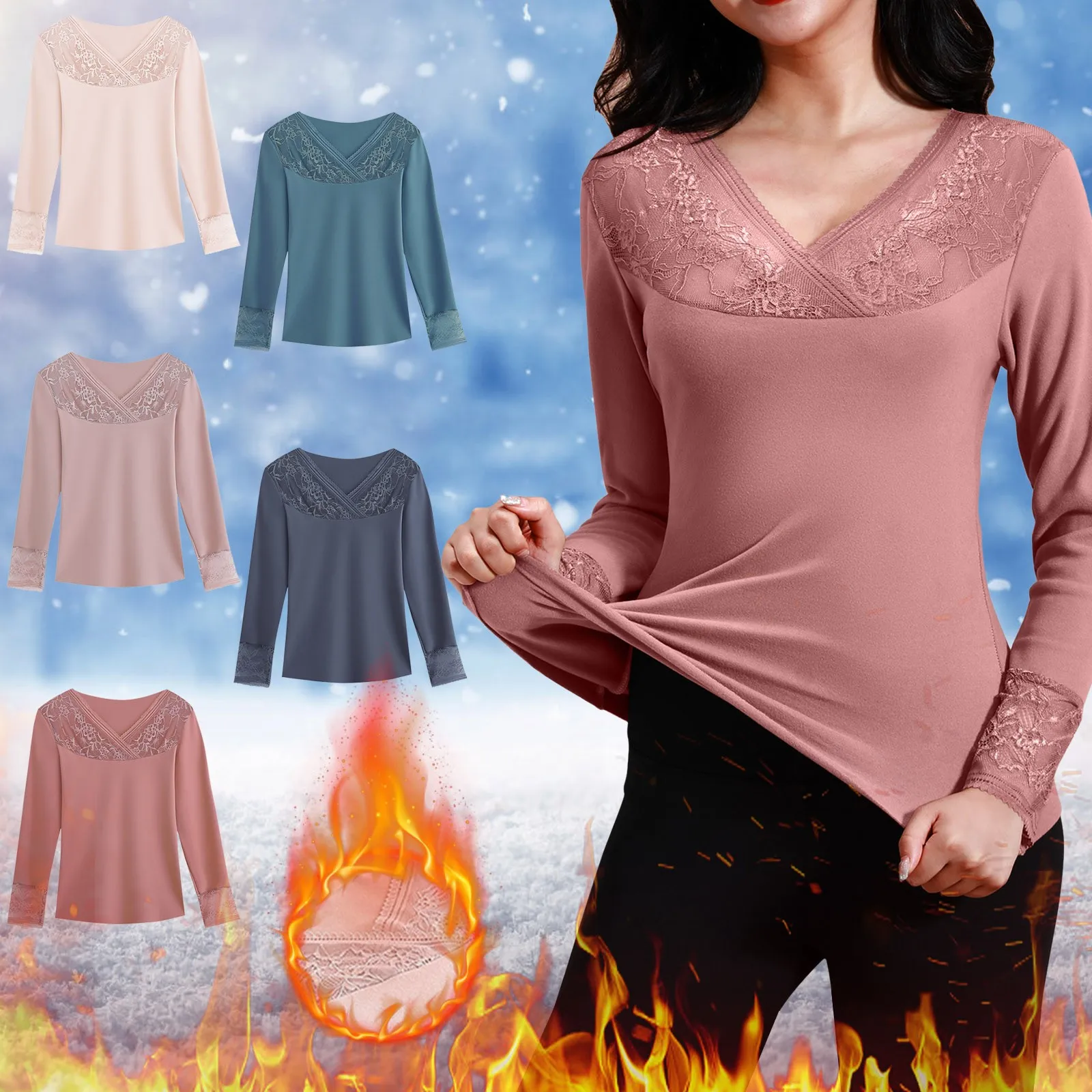 Cold Weather Shirts New Lace V Neck Thermal Underwear Autumn And Winter Slim Fit Solid Color Plush Bottomed Shirt Pajama