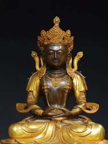 16" Antique Tibetan Buddhism Temple Bronze gilt Amitabha Longevity Buddha statue