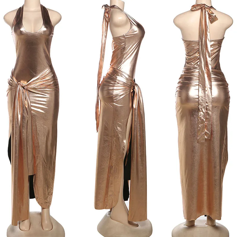 Doyerl-Vestidos largos de fiesta con recortes metálicos para mujer, vestido largo ajustado con cordones y espalda descubierta para noche y Club, vestido largo para cumpleaños