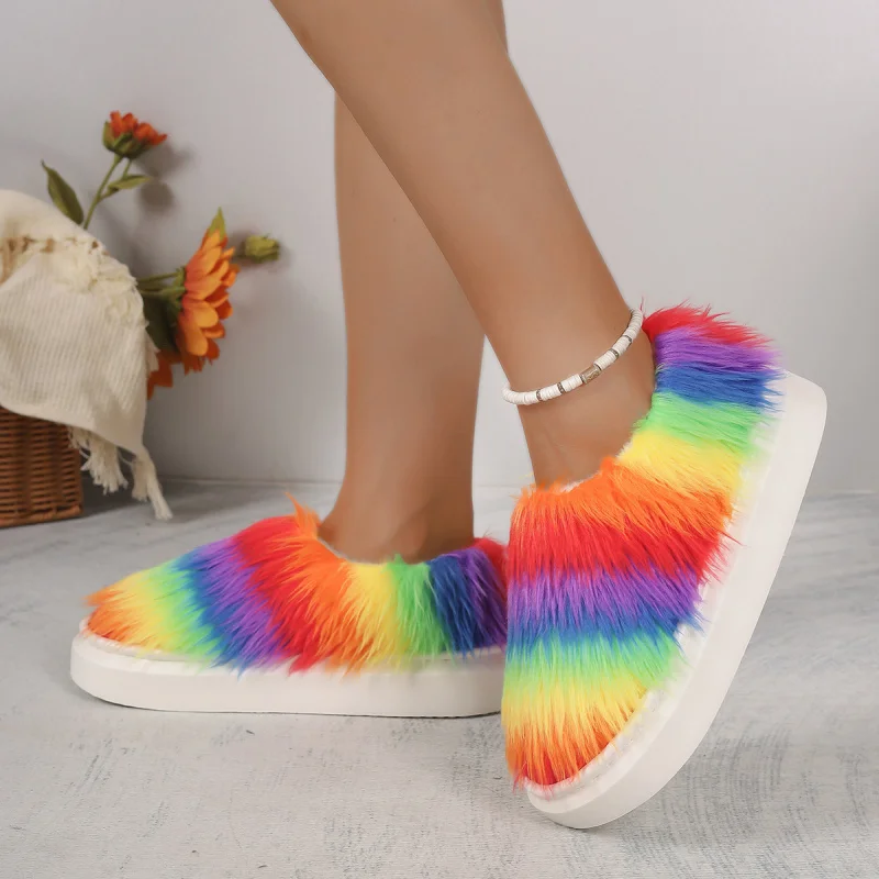 Pantoufles d'hiver en peluche et fourrure, pantoufles en coton dégradé de teinture par nouage, pantoufles d'intérieur chaudes et antidérapantes pour la maison