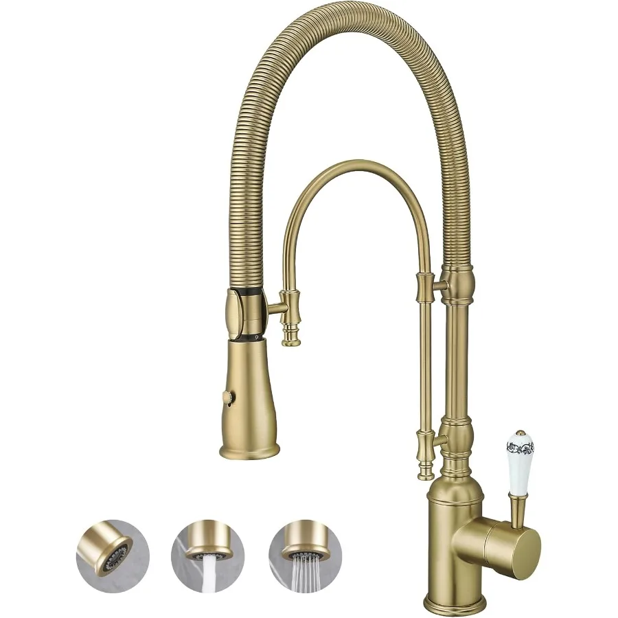 

Antique High Arc Classical Single Handle Spring Kitchen Faucet with Pull Down Sprayer Swiveling Commercial Kitchen Sink Faucets