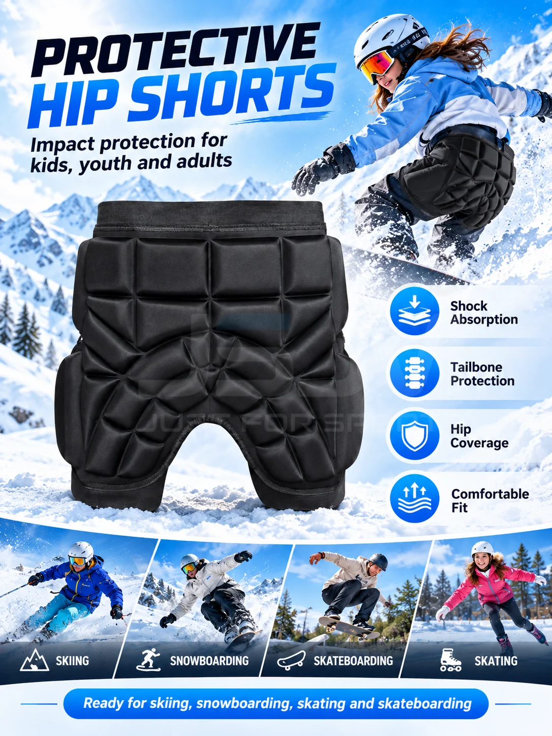 EVA Padded Protective Shorts Hip Tailbone Protector for Kids Adults Skiing Snowboarding Skating Skateboarding Impact Protection