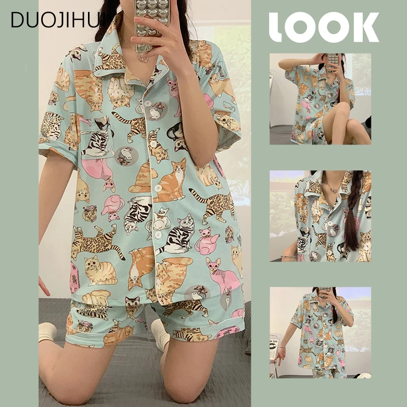 DUOJIHUI Ins Two Piece Chic Printing Female Pajamas Sets Basic Button Cardigan Simple Pant Fashion Casual Home Pajamas for Women