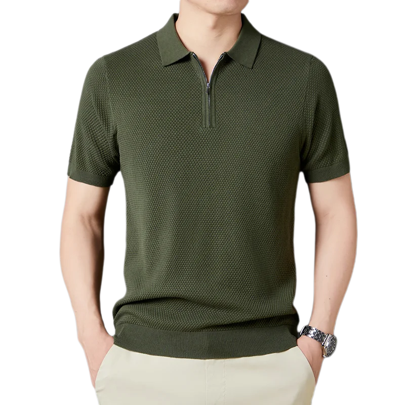 100% Cotton Breathable Knitwear Men Trendy Summer Fashion Zipper Knit Tops Pure Cotton Male Short  Sleeve Knit Tee Shirts
