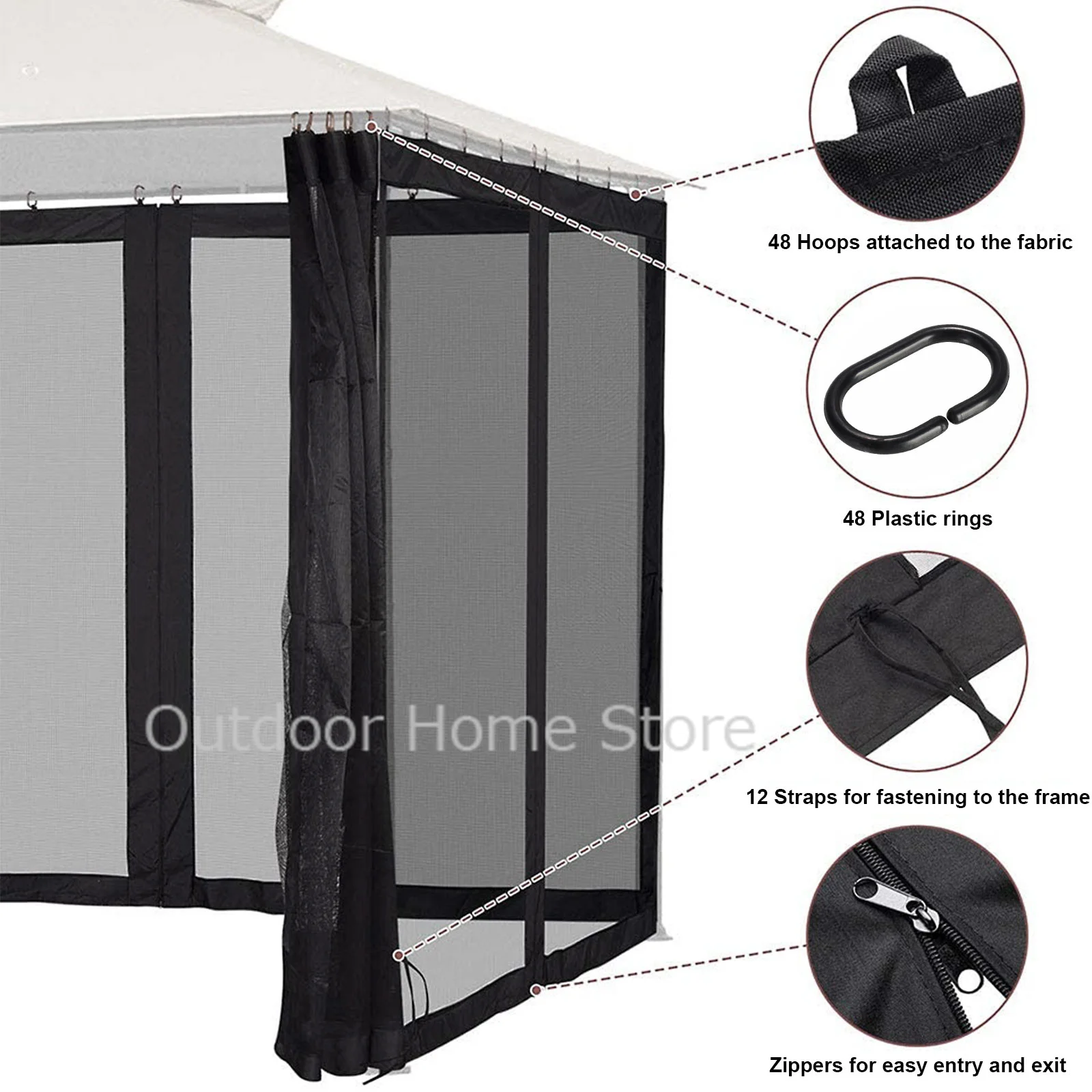 Imagem -03 - Black Waterproof Gazebo Garden Mosquito Net Canopy Tarp Screen Cortina de Painéis com Zíperes 300x300x210cm