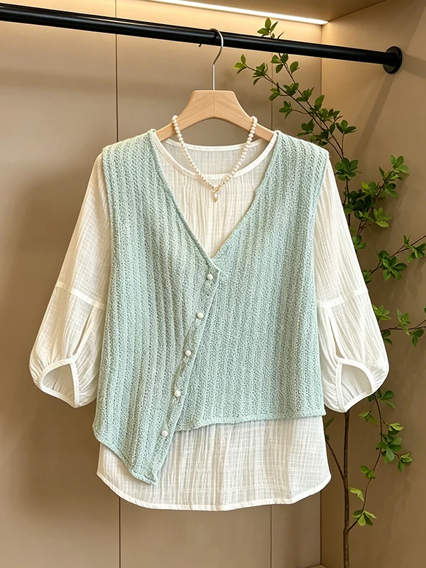 

plus Size Mint Blue Texture Vest Short Sleeve Women's Shirt Summer New Style Fake Two-Piece Top Comfortable Breathable Korean...