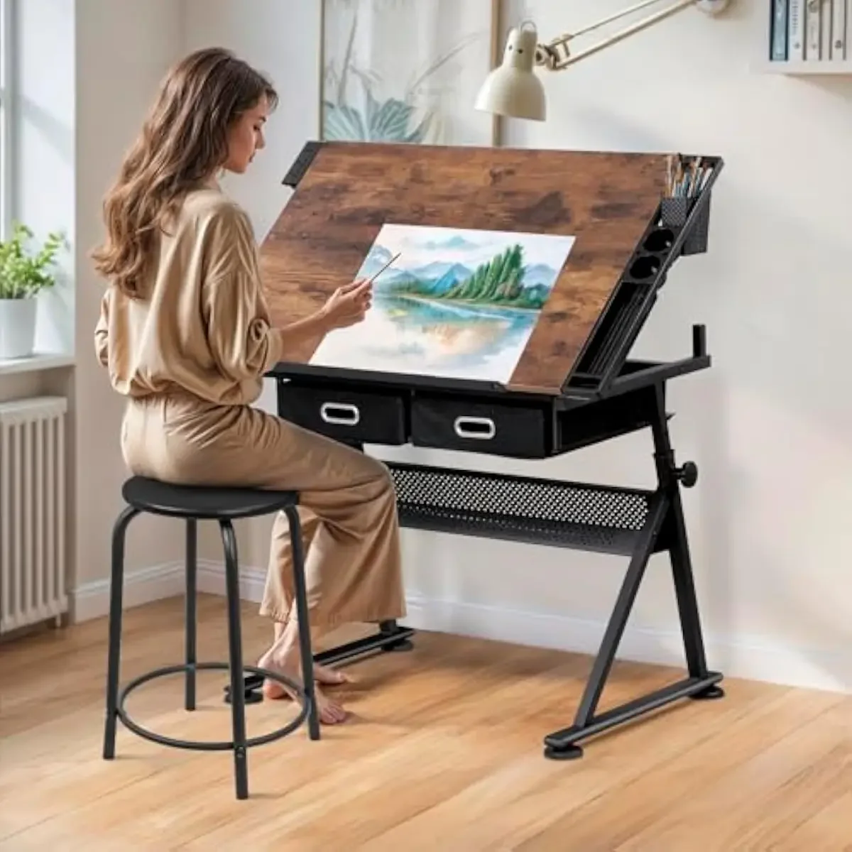Drafting Desk with Adjustable Height and Tilt Mechanism 0-45 Degrees Rustic Brown Engineered Wood Top Alloy Steel Frame Built-In