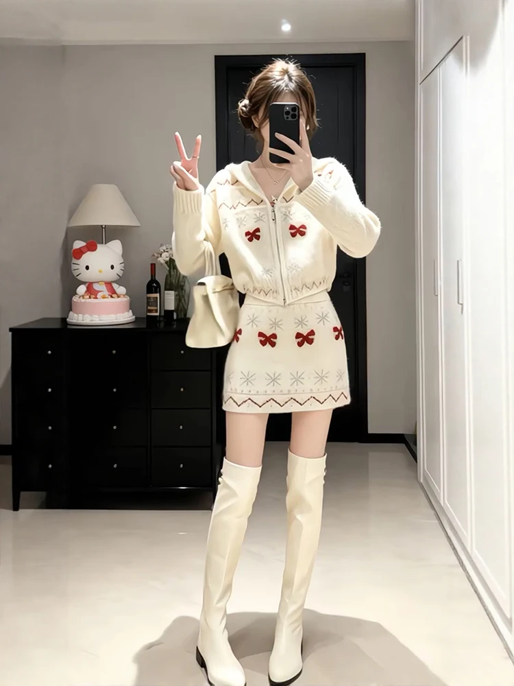 

Шикарный зимний наряд, женский трикотажный комплект юбки с высокой талией, теплый модный корейский облегающий ансамбль с крючками и рисунком