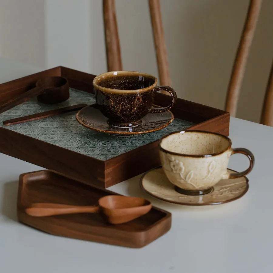 HYS retro kiln-changed glaze relief flower ceramic coffee cup and saucer exquisite underglaze latte afternoon tea cup and saucer