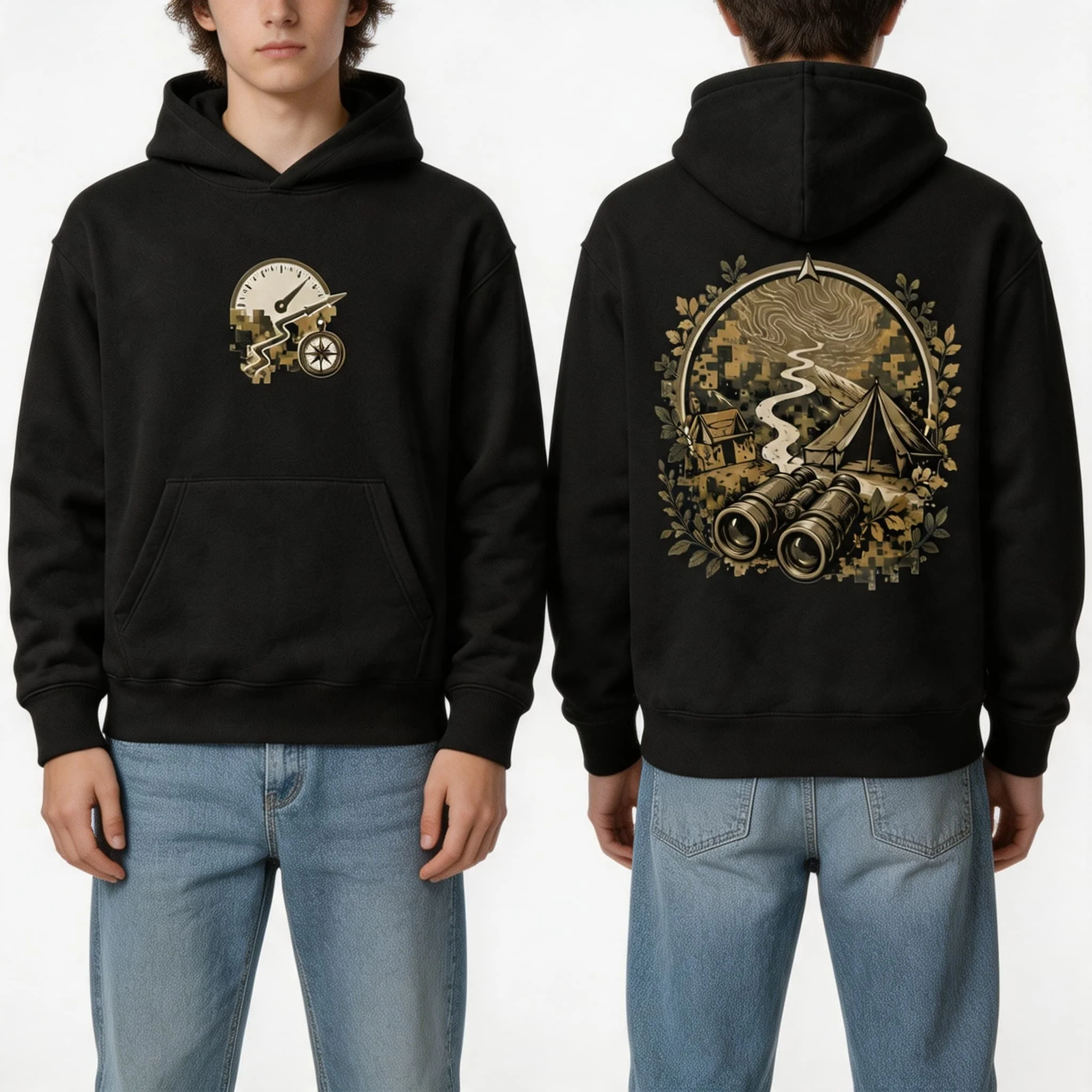 Autumn Winter Casual Camping Tent Compass Print Art Men hooded sweatshirt Women Boys coat Top Parent Child Kid 's Cotton Hoodie