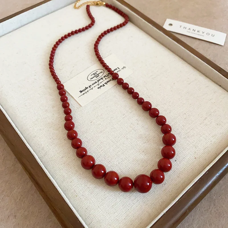 Minar INS Fashion Red Coloured Glaze Strand Beaded Necklace for Women Femme 18K Gold Plated Titanium Steel Sweater Chain Chokers