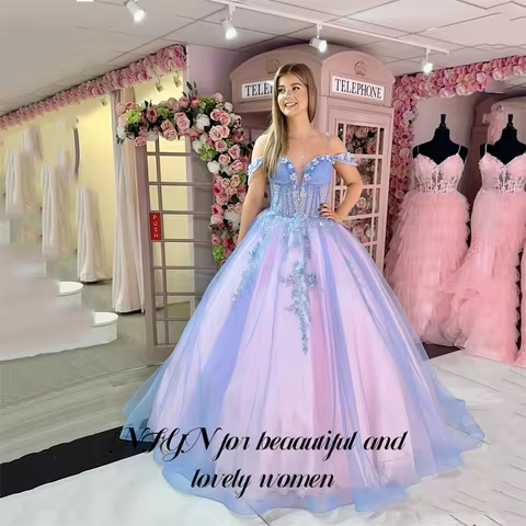 NFYN Blue A Line Party Gown Off Shoulder Prom Dress with Floral Lace Embroidery Wedding Evening Dress robes de soir&eacute;e Customized