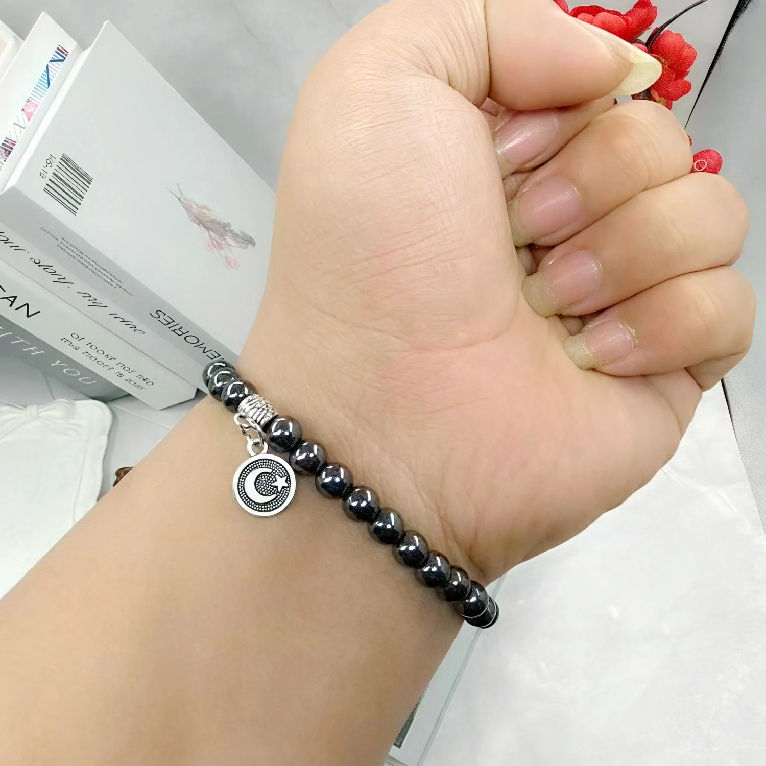 6mm round black magnetite prayer beads, 33 beads in total, cool textured wrist decorative bracelet that does not fade