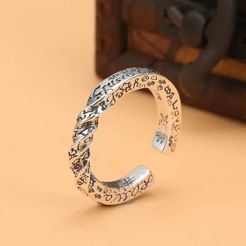 

Thai Silver S925 Couple Style Ring Retro Thai Silver Personality Opening Fashion Trend Smiley Face Graffiti Trendy Single Ring