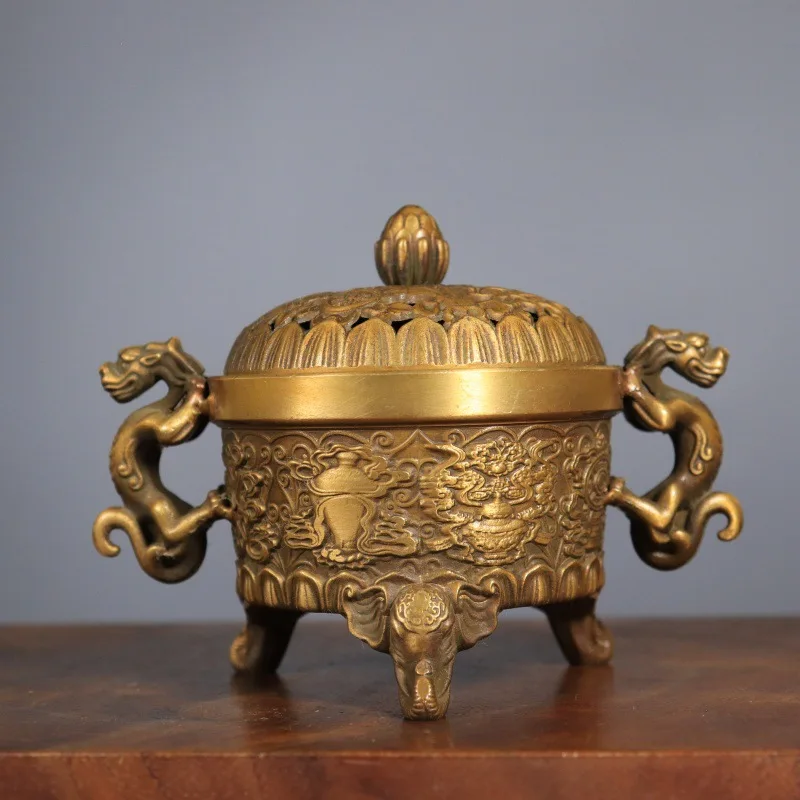 HYS pure copper double dragon ear elephant foot incense burner, eight-treasure burner, three-legged incense burner, vintage home