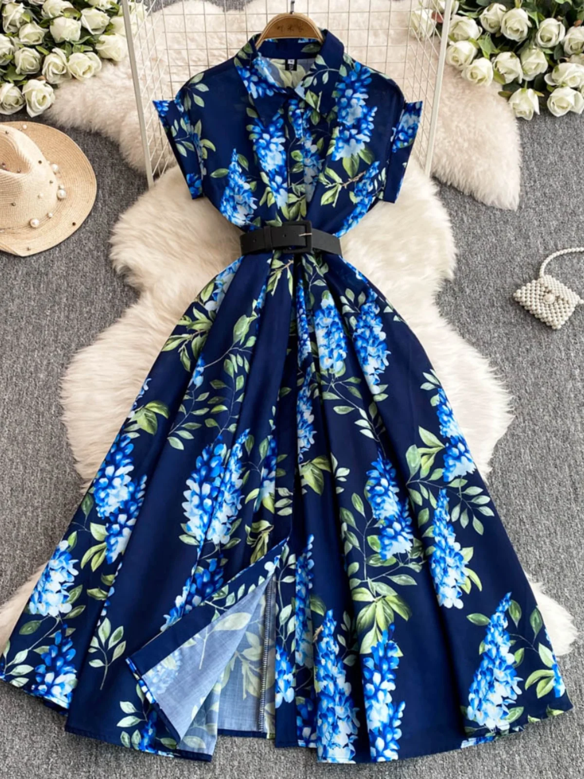 Printemps 2025 minceur imprimé fleuri longue Dr col montant taille froncée jupe trapèze coréen Sle trajet taille haute ort S...