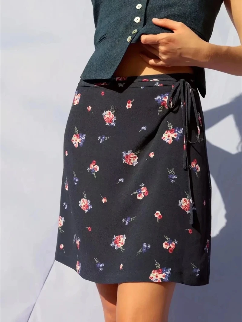 BANA Summer 2023 High Waist A-Line  Skirt Floral Print Belted f-length Women's Faion Commute Sle Spring Collection