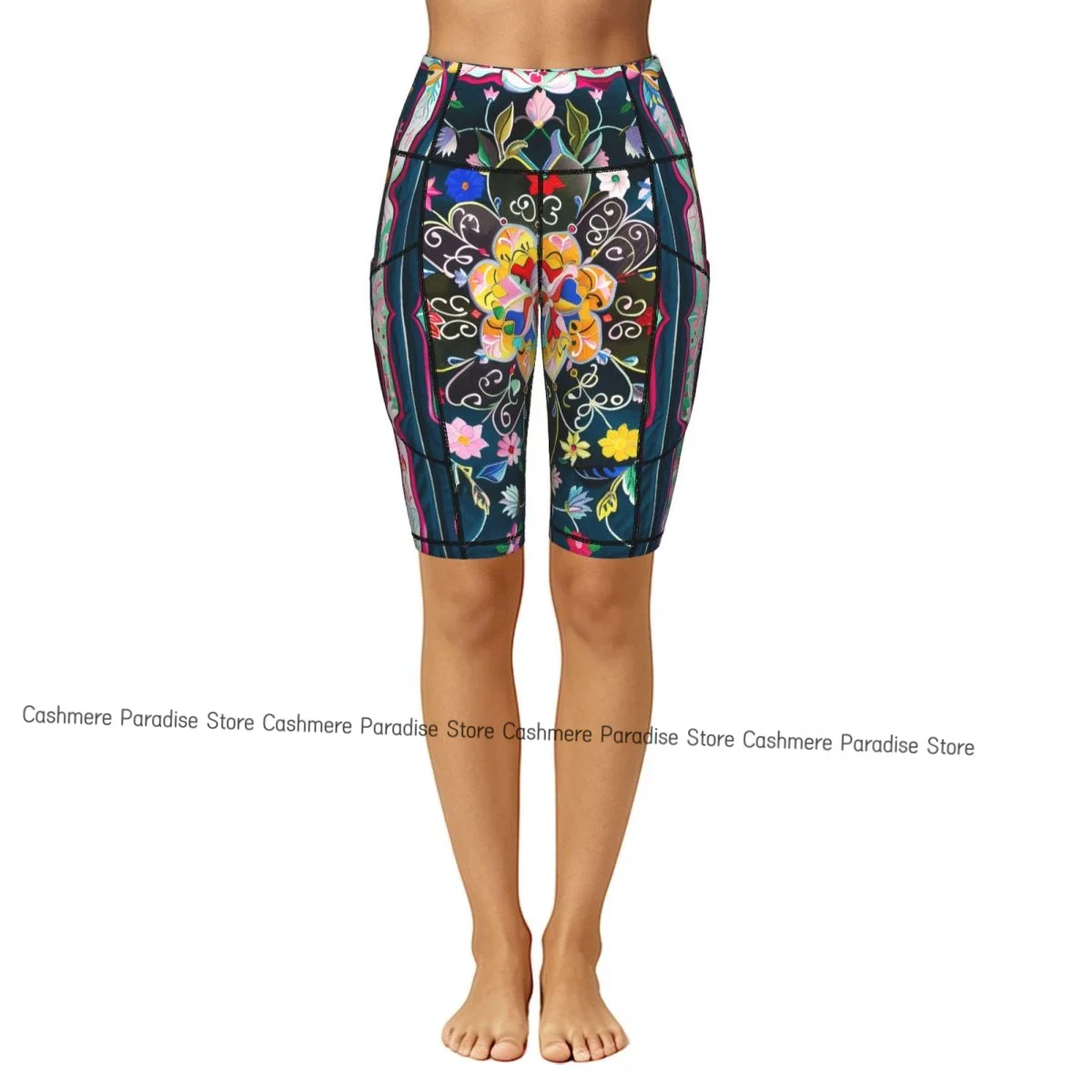Double Pocket Sports Shorts Women Elastic Slim Colorful Flowers L Shorts Gym Exercise Running High Waist Yoga Fitness Shorts