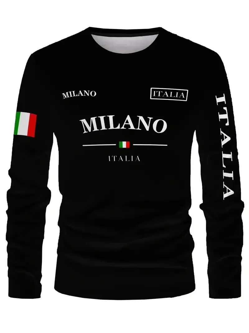 Men Milano Italia Print Long Sleeve Shirt Italian Flag Khaki Casual Crewneck European Soft Breathable Daily Fashion Premium Top