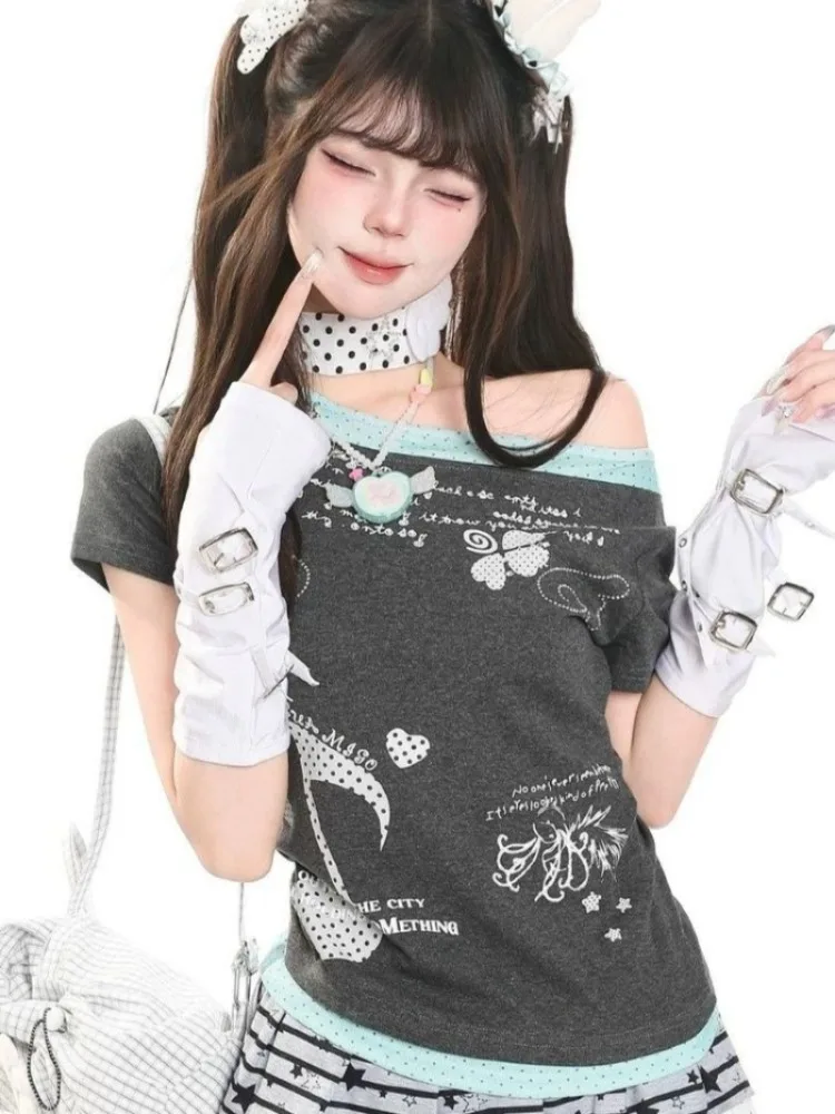 Kimutomo Women T Shirts Polka Dot Printed Short Sleeve Slim Grunge Gothic Y2k Aesthetic Harajuku Tops Ladies Fashion Casual Tee