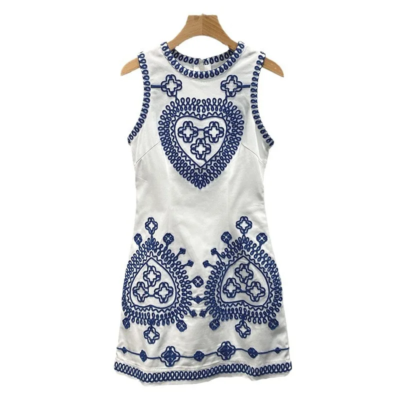 [zoci] Autumn Women Niche Summer White Crochet Round Neck Sleeveless Dress New