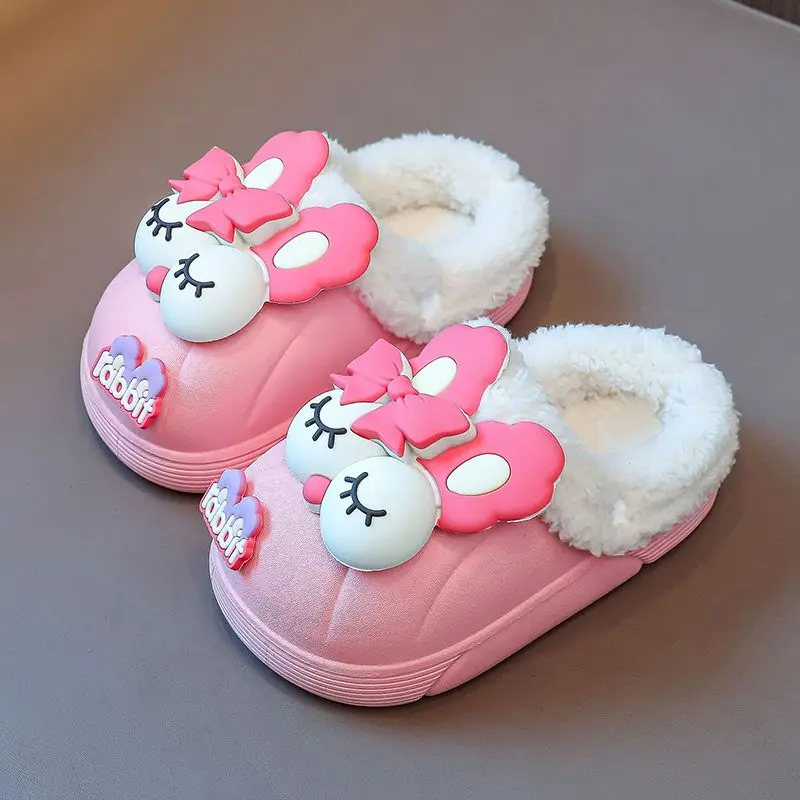 Waterproof Slip Resistant Girls Winter Cotton Slippers Fleece Lined Plush Indoor Slippers for Kids Warm Cozy Home Footwear