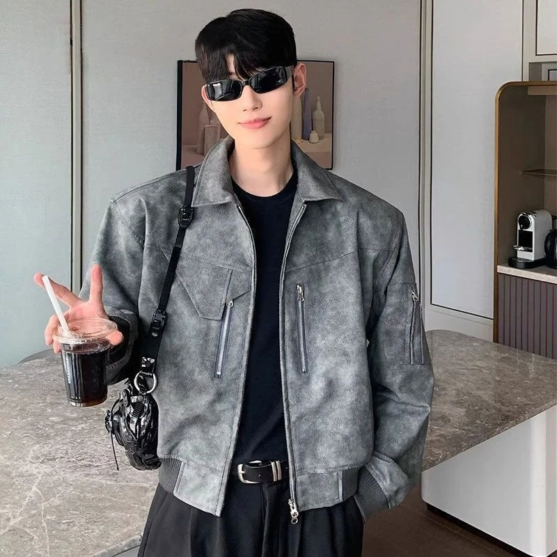 

Винтажная прочная мужская куртка из искусственной кожи, короткая повседневная облегающая верхняя одежда в байкерском стиле в стиле ретро, уникальный дизайн на весну и осень