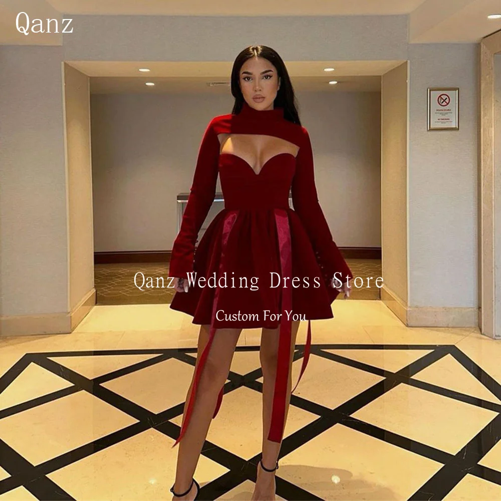 

Qanz Modest Velvet Prom Dresses Burgundy Party Dress Club Long Sleeves Mini Vestidos De Graduaciones Jovencitas Customized