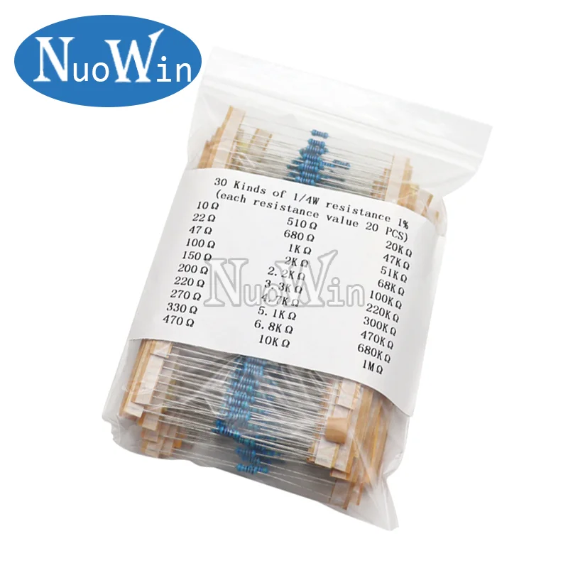 600pcs/Lot 300pcs/Lot 30 Values 1/4W Resistance 1% Metal Film Resistor Pack Assorted Kit 1K 10K 100K 1M 100 220 470 ohm