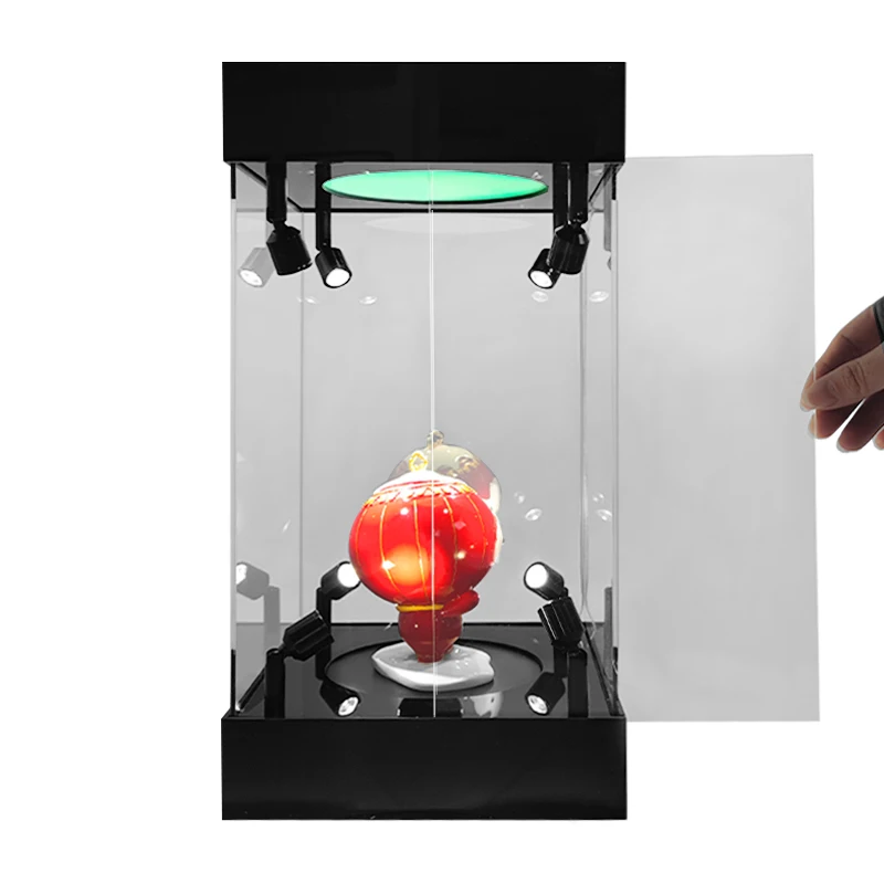 custom.Premium Colorful RGB LED Lighted Acrylic Rotative Toy Figure Display Cases With Rotatable Base Mirror