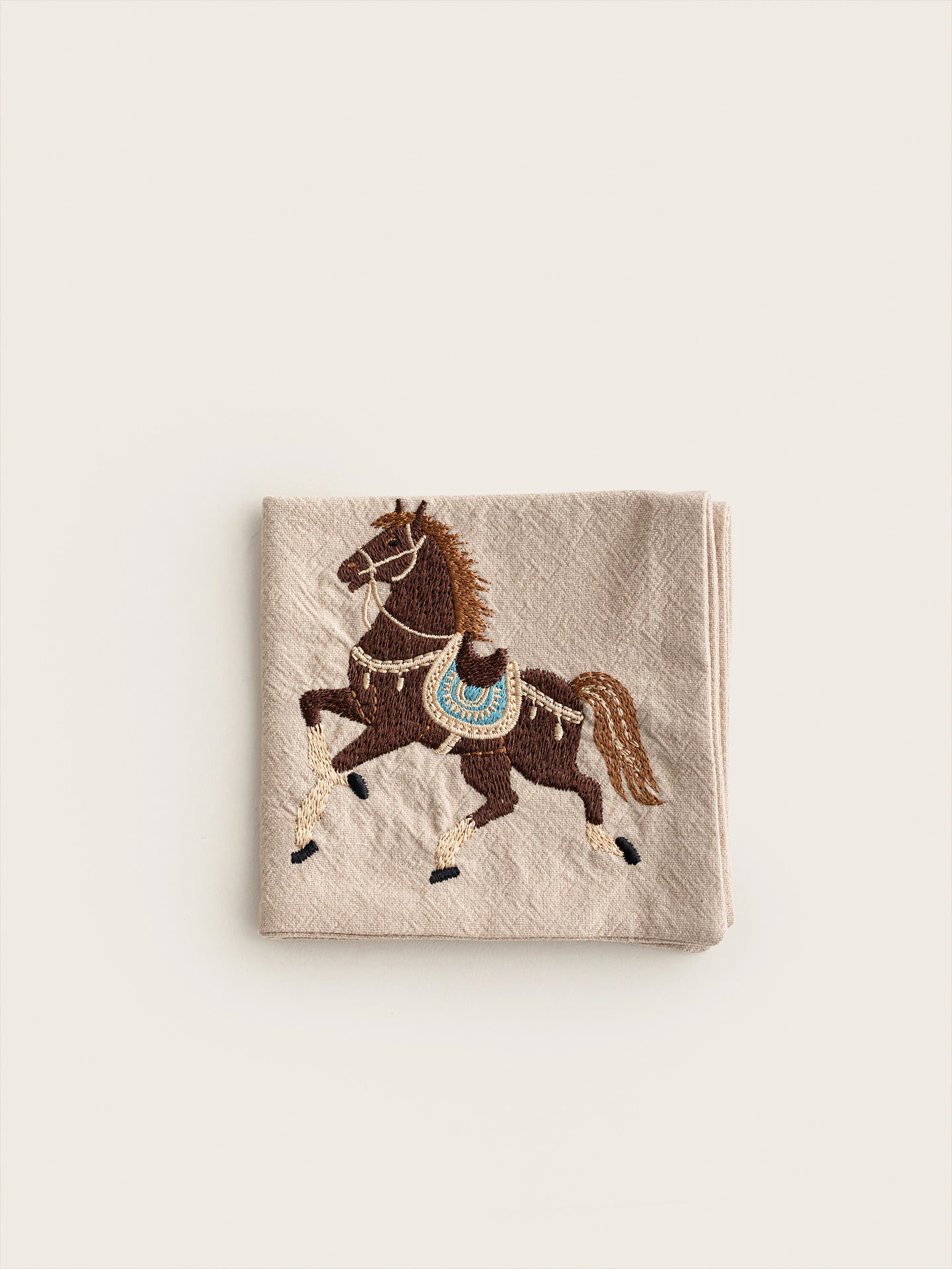 Traditional Chinese Apricot Horse Embroidered Linen Square Tea Towel & Table Mat for Kitchen, Dining, or Decor, 21cm x 21cm